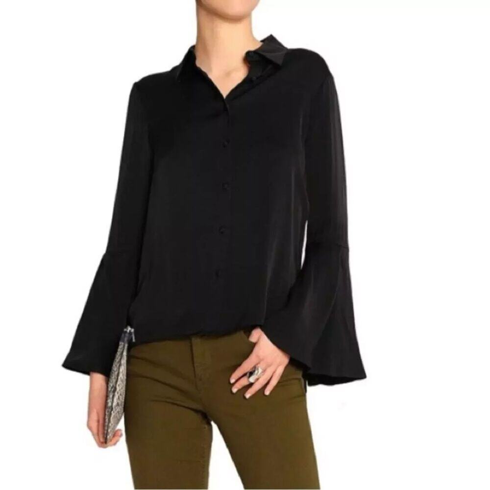 Alice + Olivia Myrtle Silk Blouse S Black Trumpet Bell Sleeve Button Down Collar
